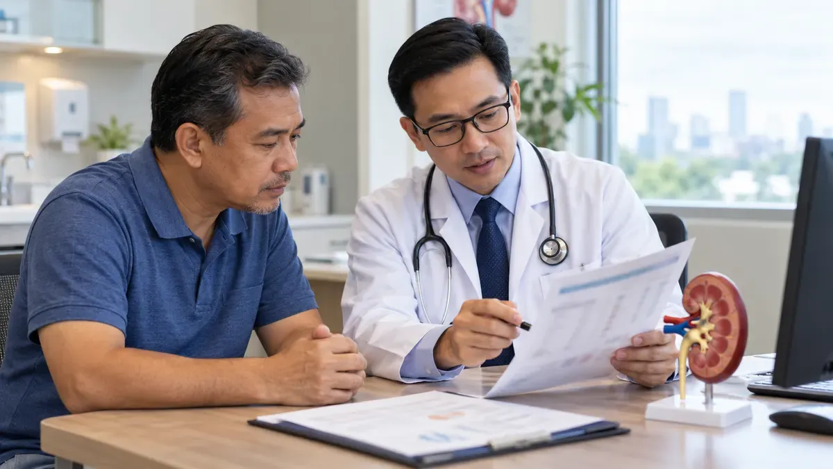 Doctor reviewing kidney function results with a patient during a chronic kidney disease assessment