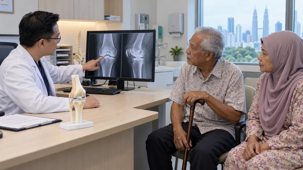 Orthopaedic surgeon showing a knee X-ray to an elderly patient while discussing treatment decisions