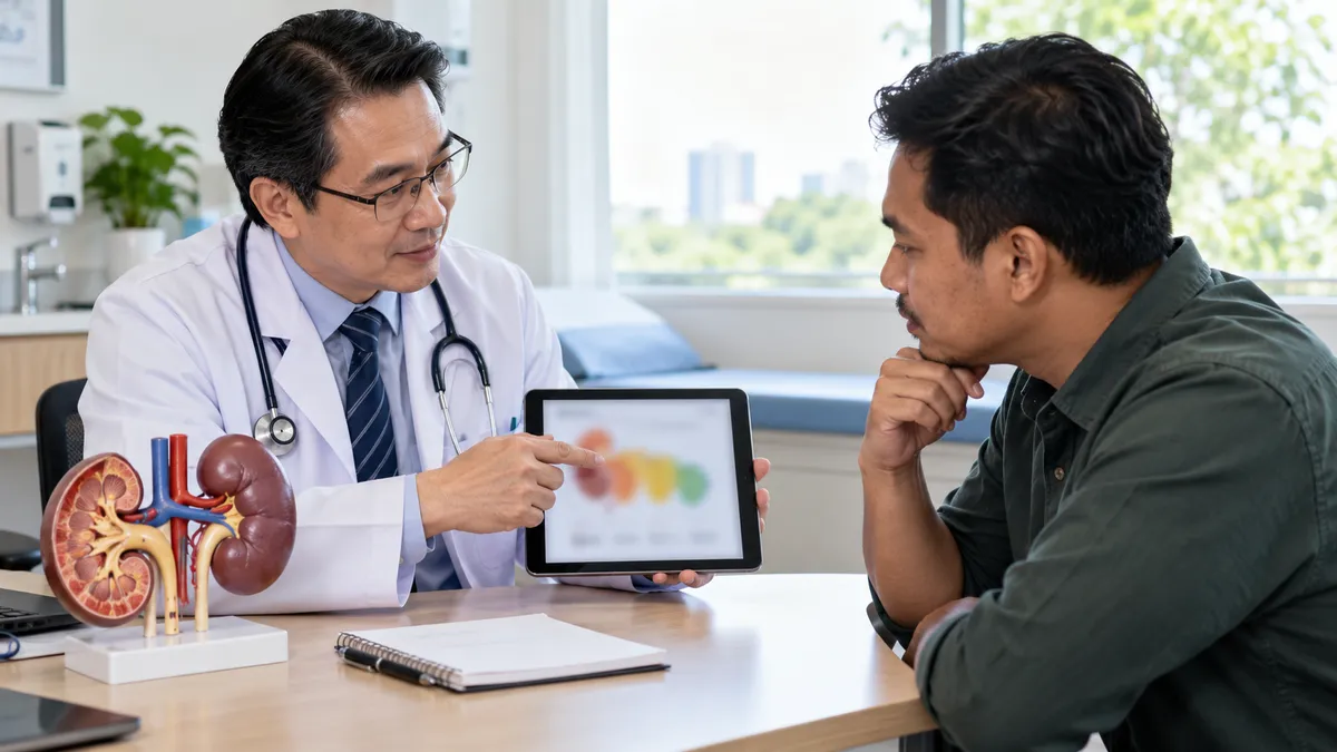 Doctor showing a patient a chart of kidney function results over time on a tablet