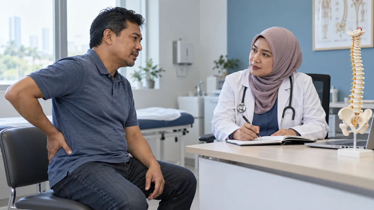 Doctor listening as a patient describes where chronic lower back pain is felt