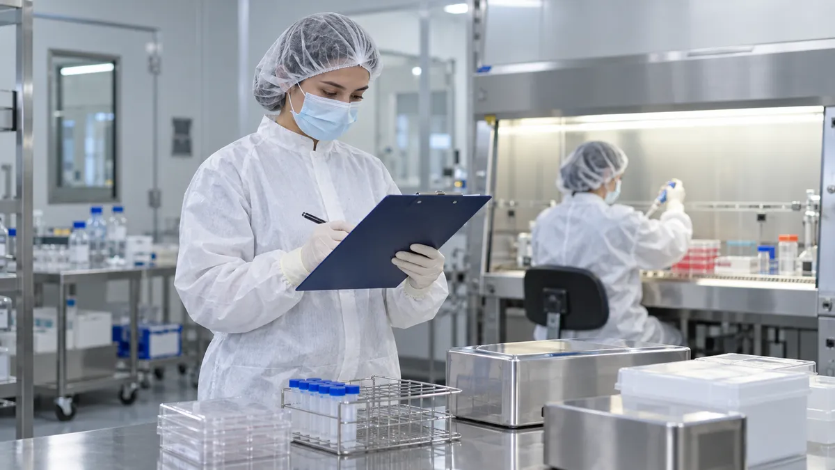 Quality officer checking documentation inside a controlled cell processing laboratory