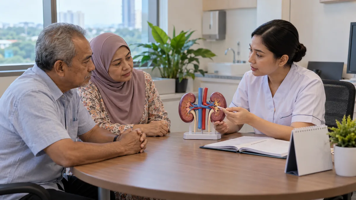 Renal nurse discussing dialysis planning with a couple, with a kidney model on the table