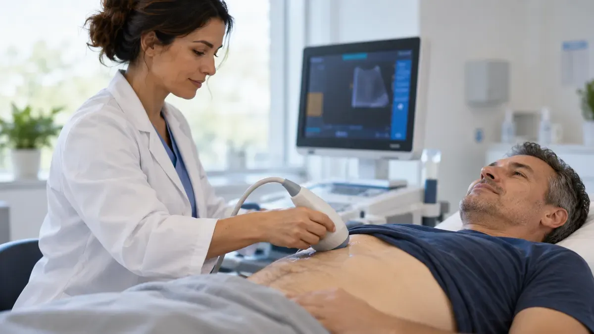 Clinician performing a liver ultrasound scan for a fatty liver disease risk assessment