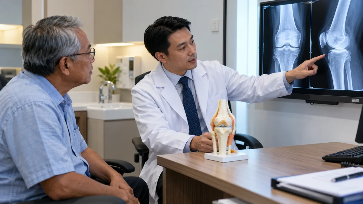 Orthopaedic surgeon explaining a knee X-ray to a patient with knee osteoarthritis