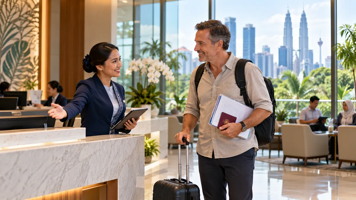 Patient coordinator welcoming an international patient with a suitcase at a clinic reception in Malaysia