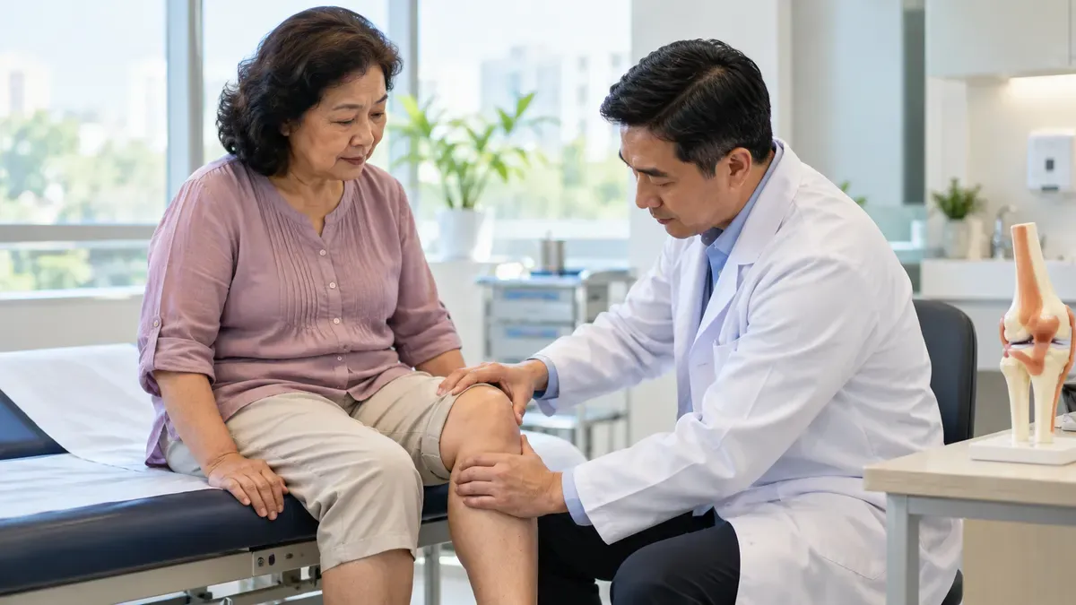Doctor examining the knee of an older patient during a knee osteoarthritis assessment