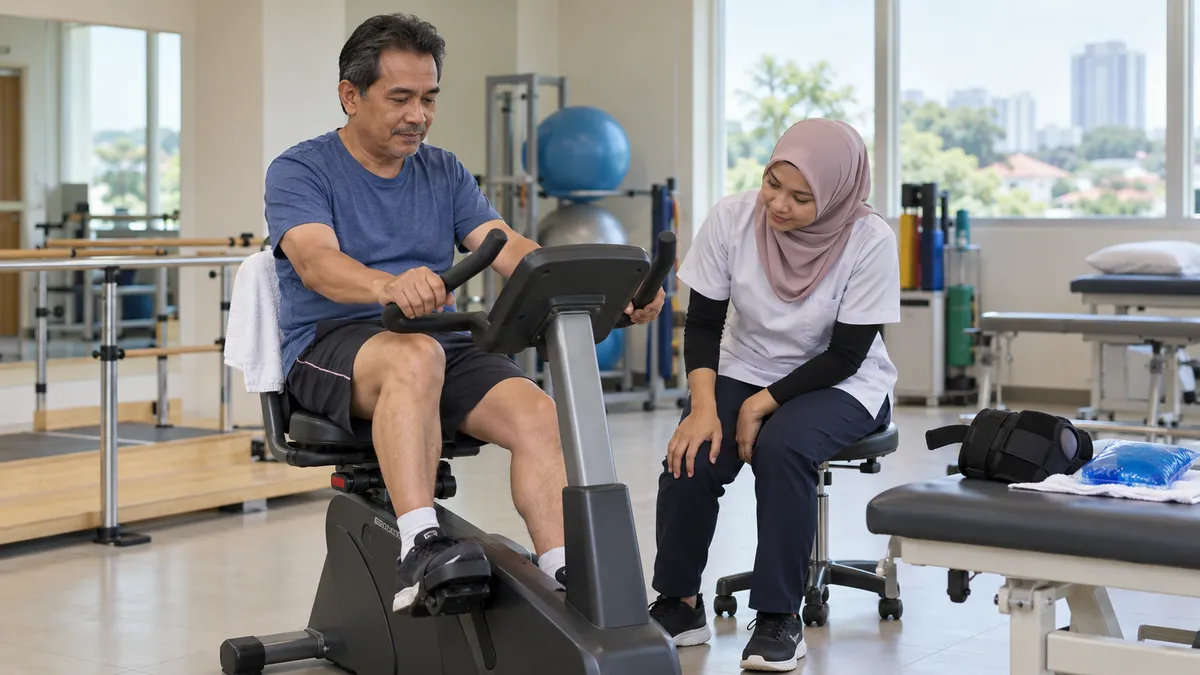 Man pedalling gently on a stationary exercise bike as part of non-surgical knee pain treatment