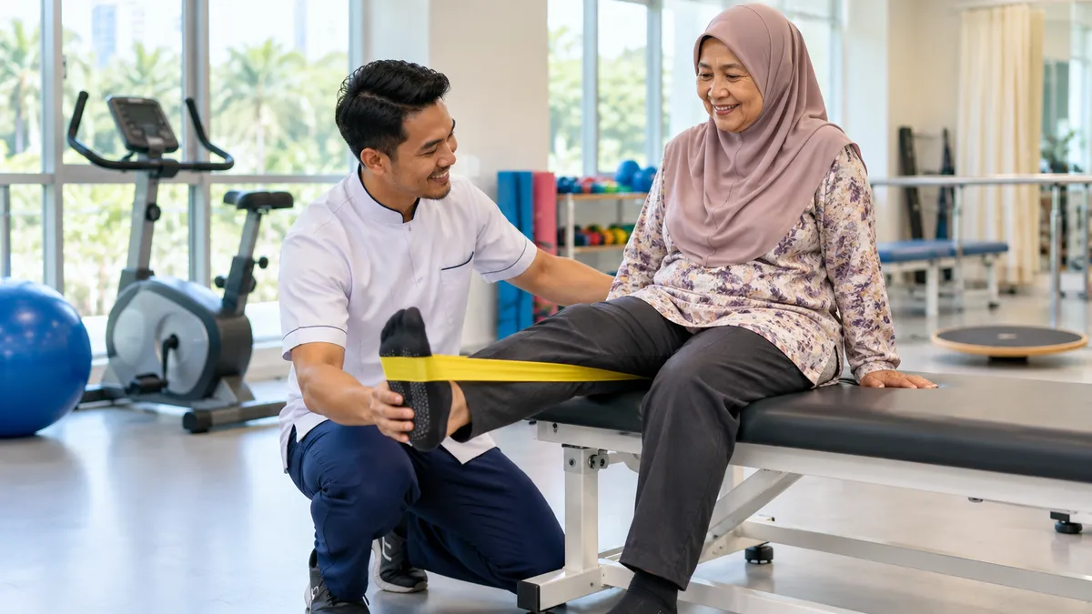 Physiotherapist guiding a patient through a knee strengthening exercise with a resistance band