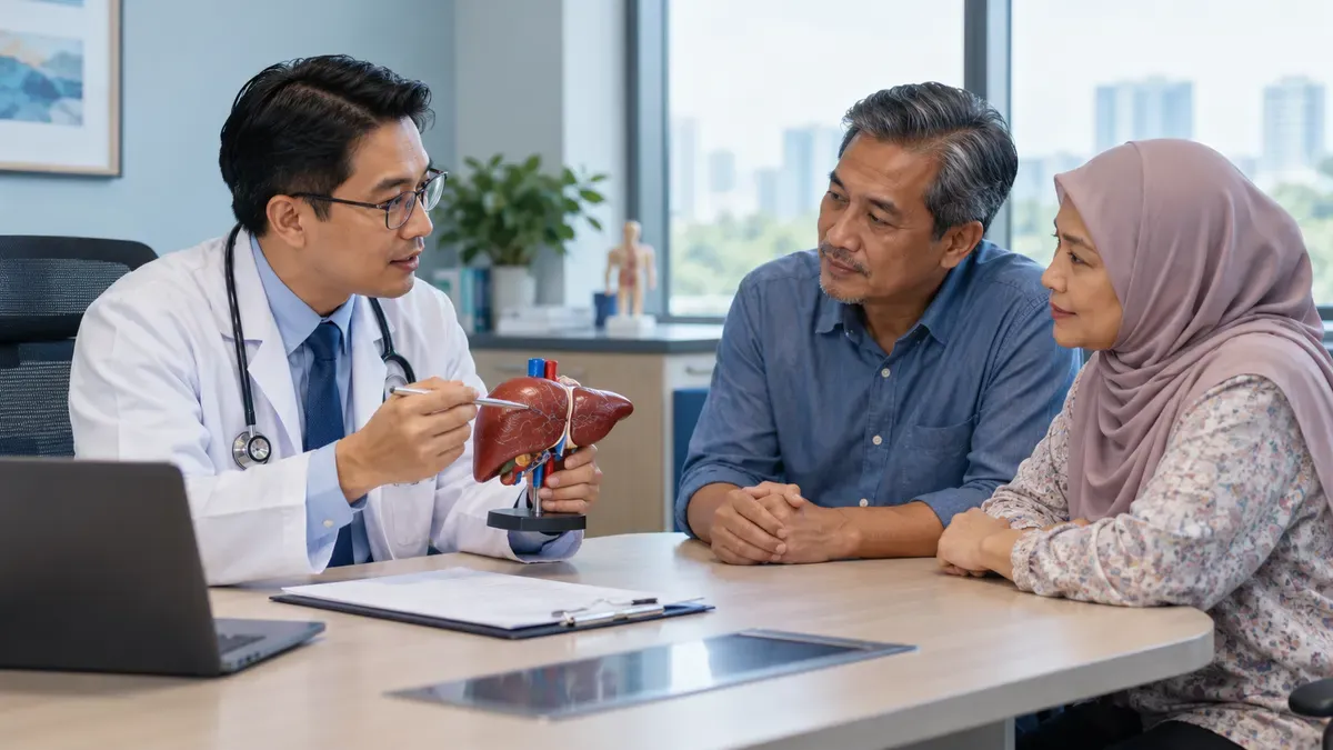 Liver specialist explaining liver cirrhosis to a patient and his wife using an anatomical liver model