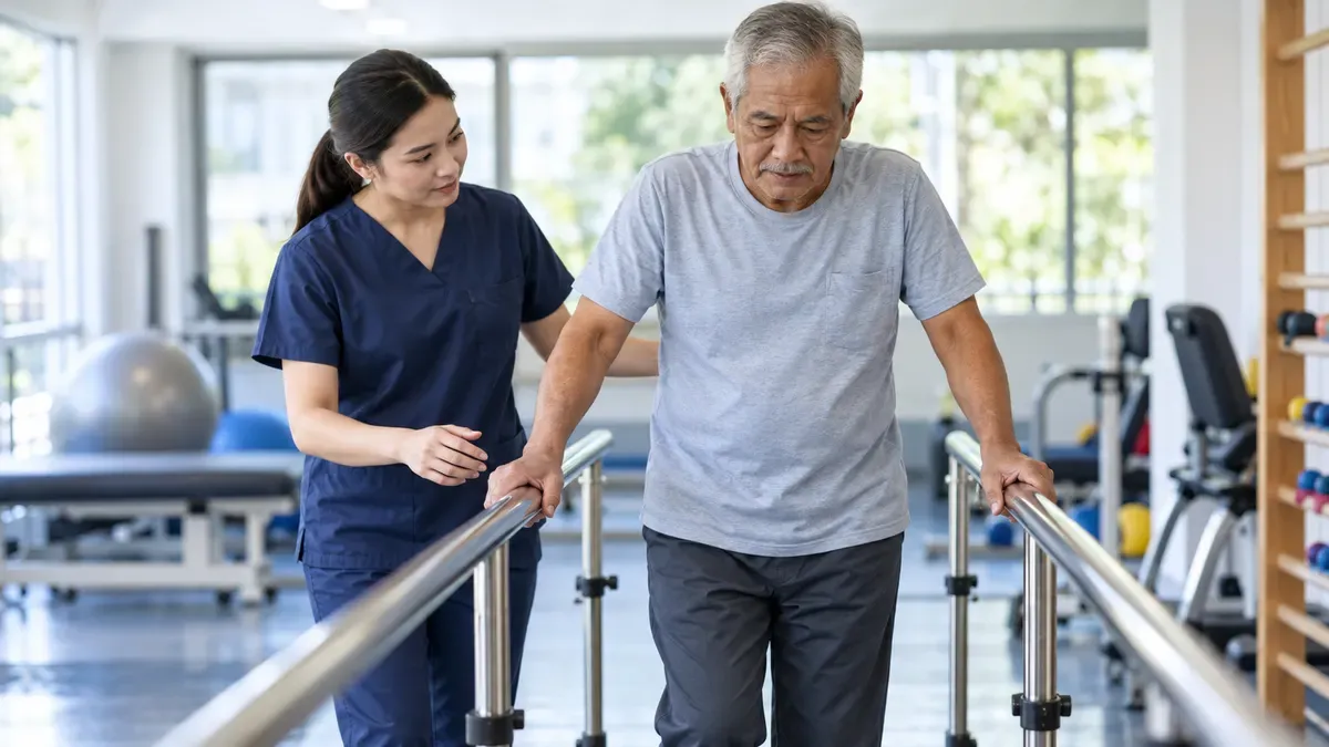 Physiotherapist supporting a stroke survivor walking between parallel bars in a rehabilitation gym