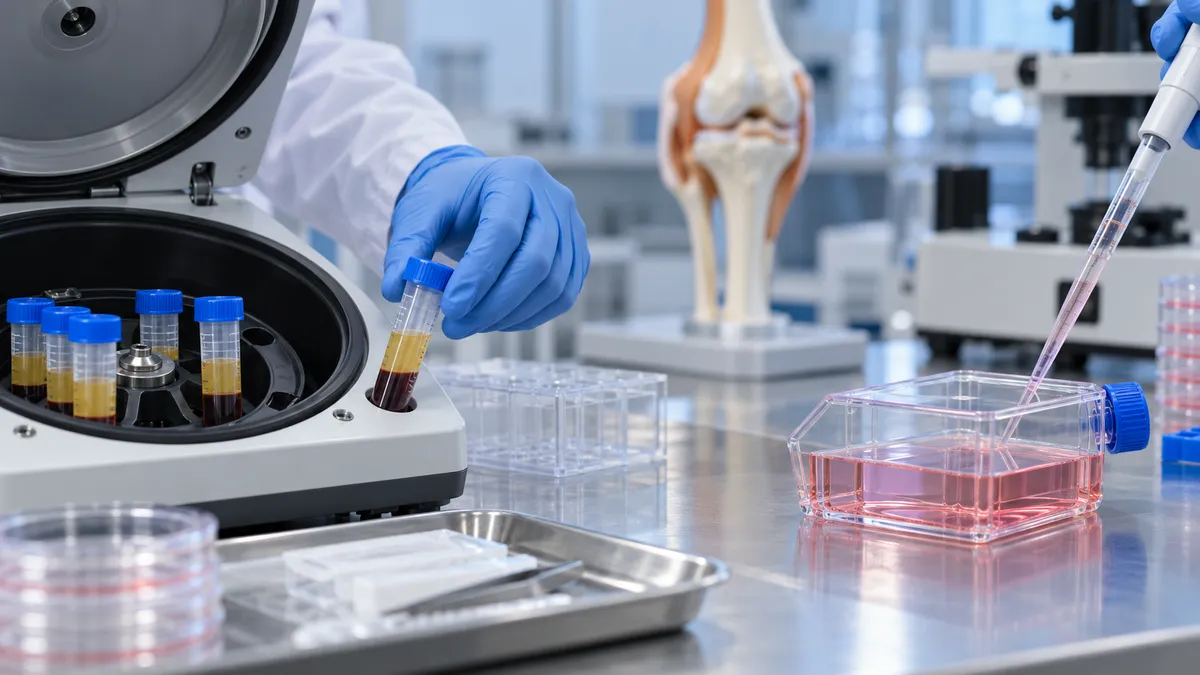 Laboratory bench with a centrifuge and sample tubes on one side and a cell culture flask on the other
