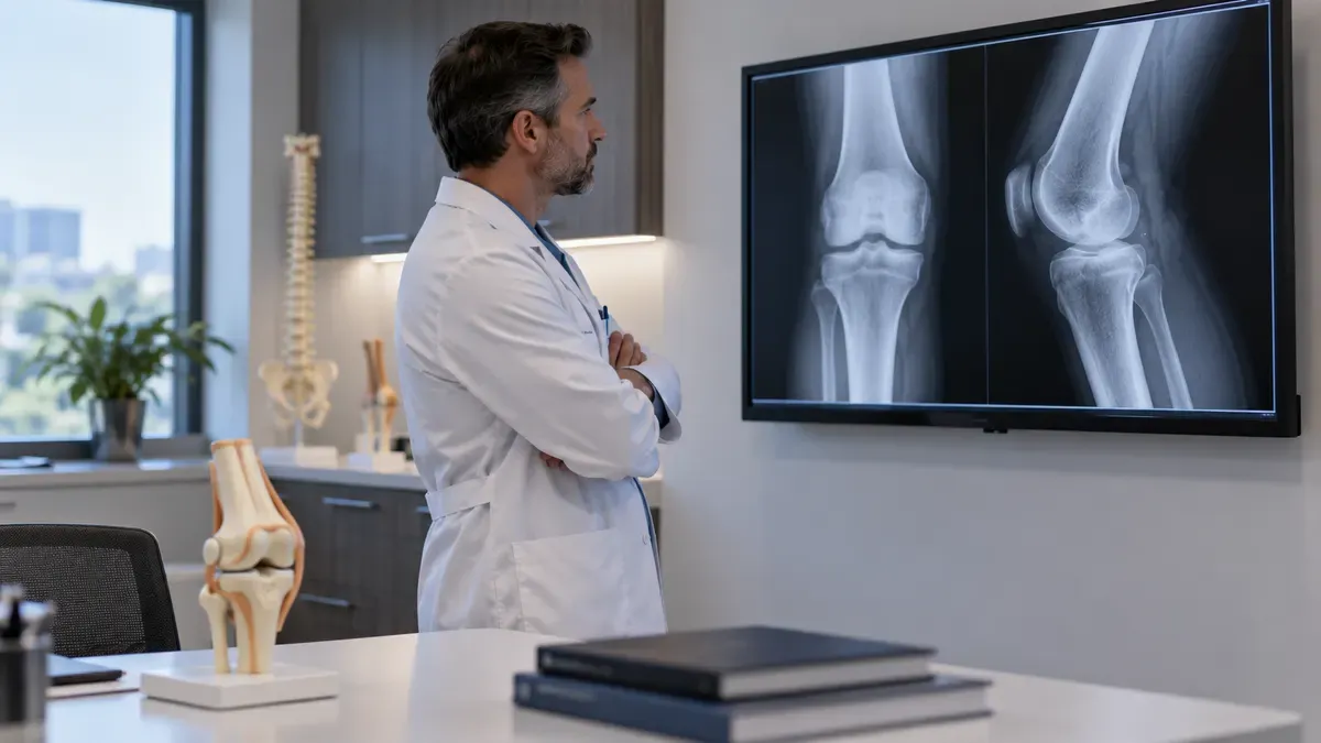 Orthopaedic doctor comparing knee X-ray images while reviewing evidence on stem cells for knee arthritis