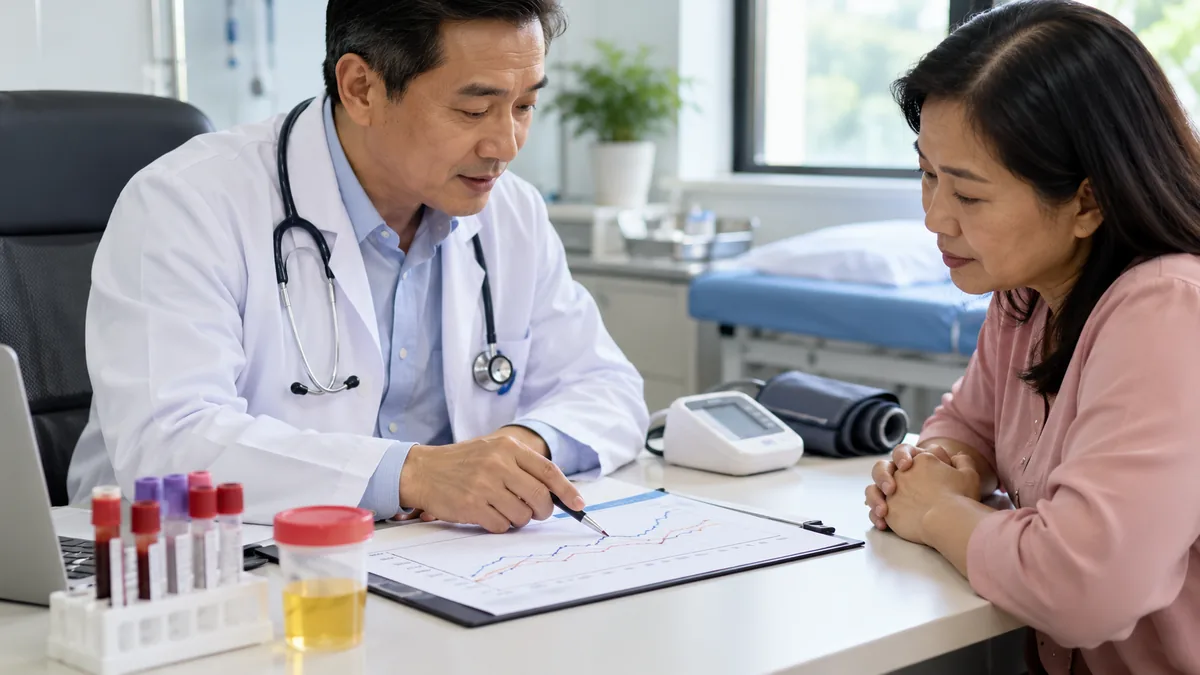 Doctor reviewing blood, urine and blood pressure results with a kidney disease patient