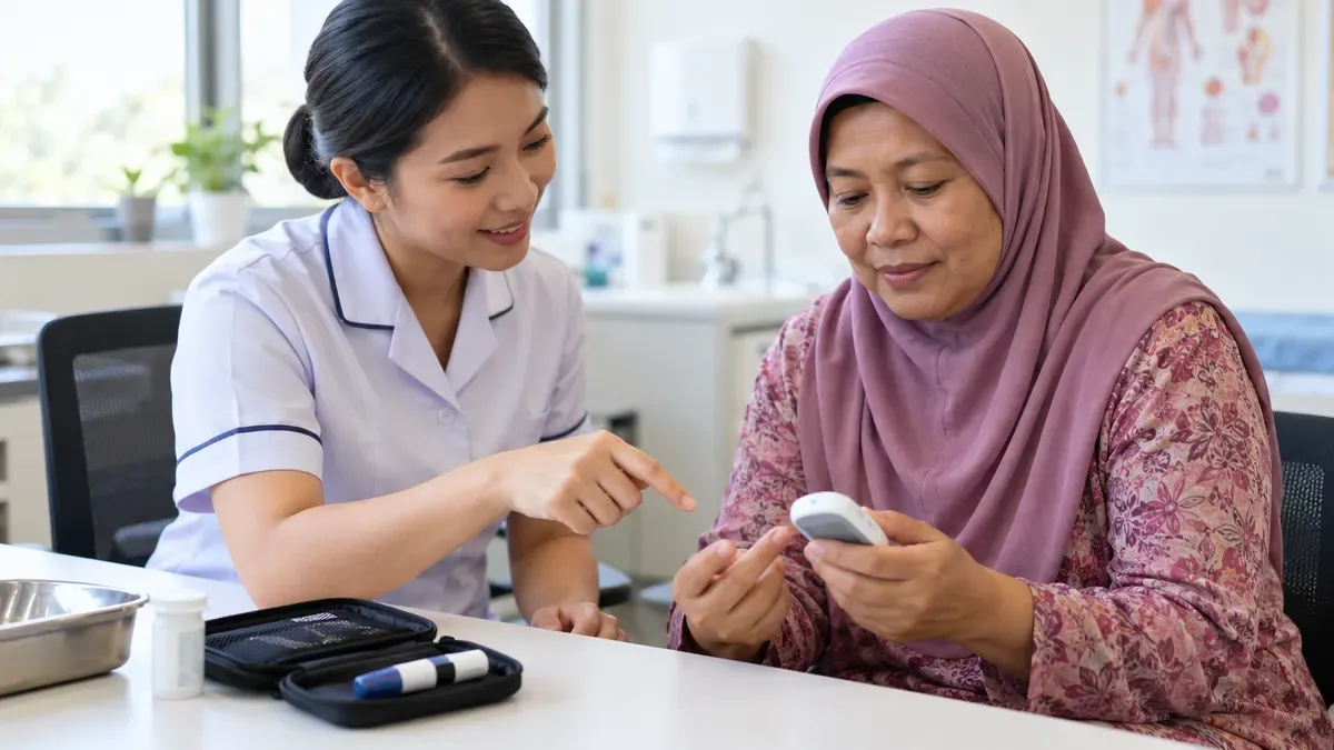 Nurse guiding a patient with type 2 diabetes through a blood glucose check