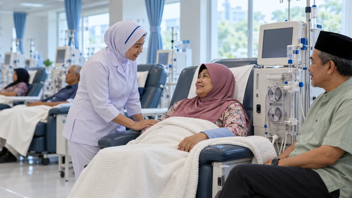 Nurse speaking with a patient seated beside a dialysis machine in a dialysis unit